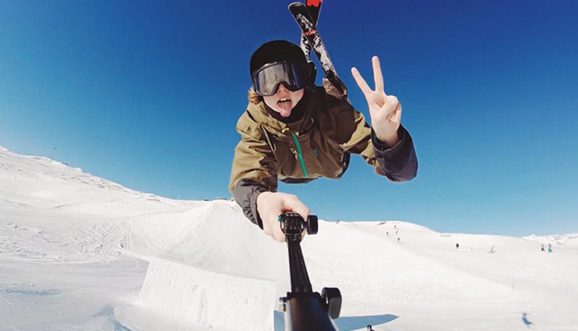 Andri Ragettli on a ski jump with a GoPro