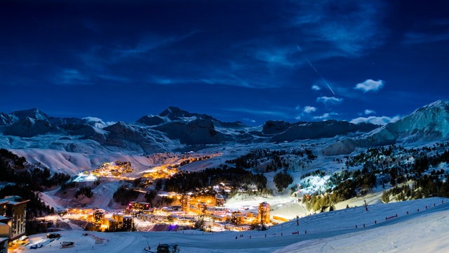 La Plagne villages lit up at night