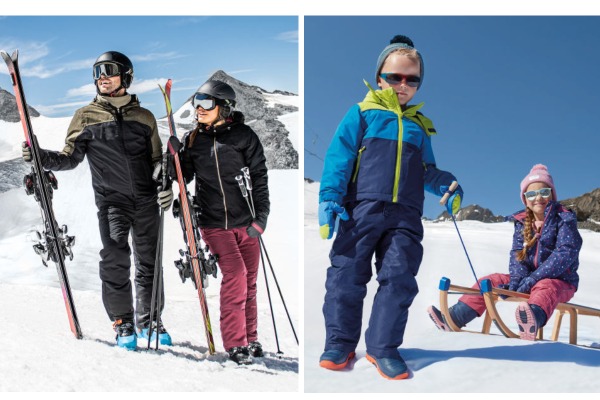 A family on the ski slopes wearing clothes from Aldi