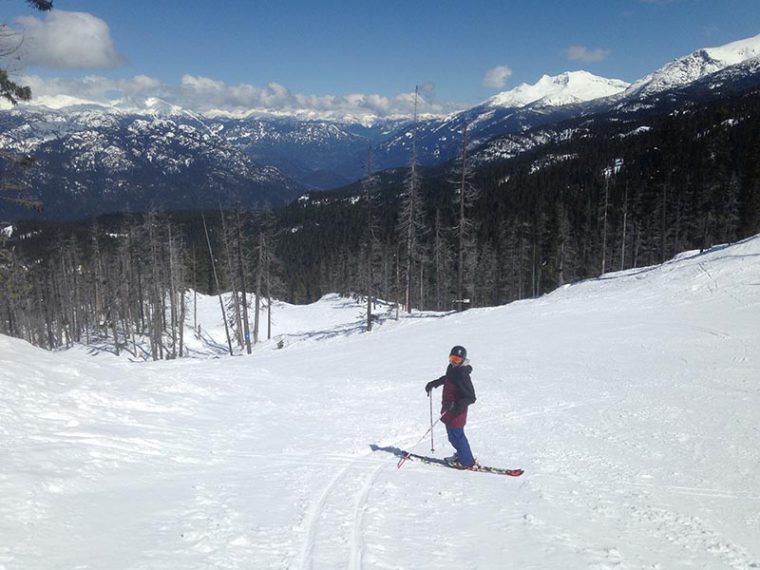 Male skier standing in the middle of a piste with mountains in the background