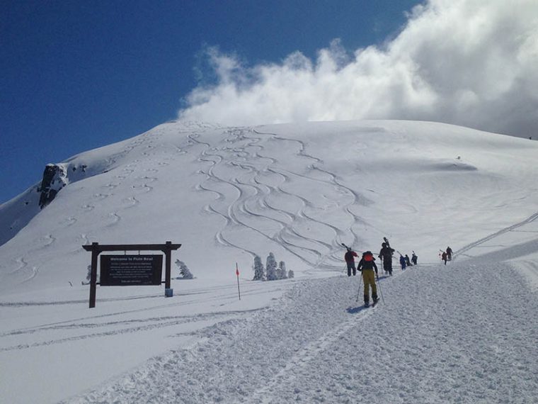 Group of skiers walking along a mountain ridge in Whistler