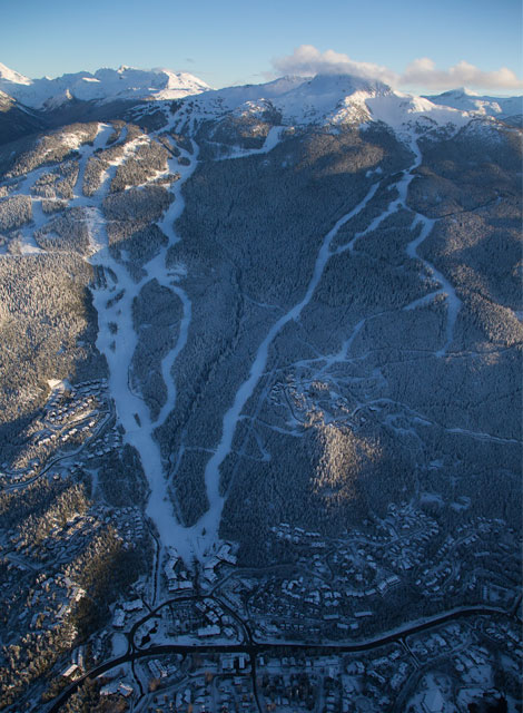 Birds eye view of a long ski run in Whistler Blackcomb