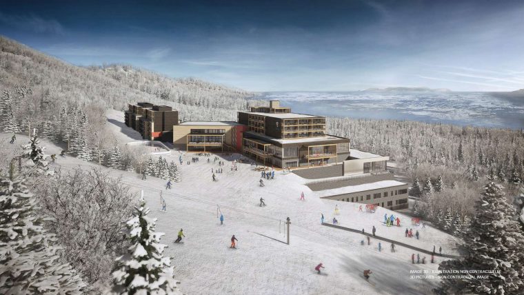 An artists impression of Club Med Quebec - a new ski hotel sitting on top of a mountain