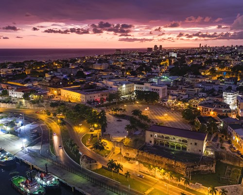 Santo Domingo city centre lit up at night 