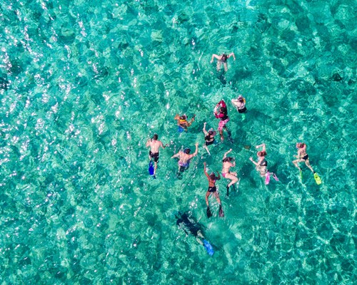 Aerial view of people snorkelling in tropical blue sea