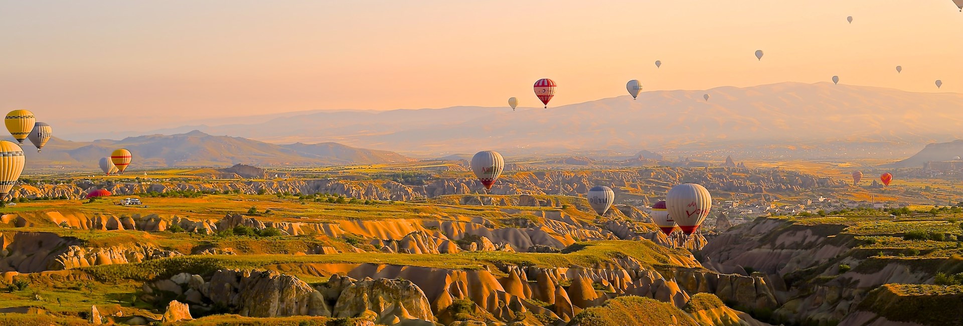 Beautiful landscape with hot air balloons 