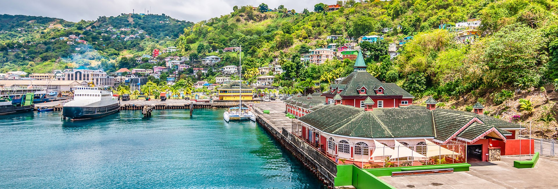 Colourful buildings by the sea in port of Kingstown
