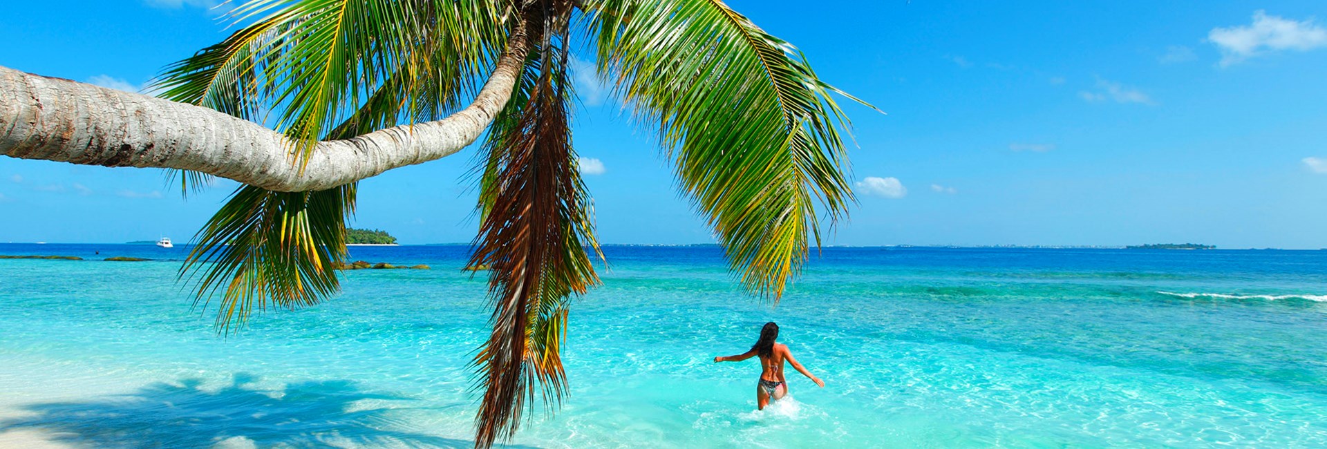 woman with arms out splashing in turquoise sea beyond beach and palm tree
