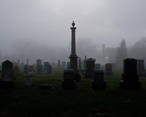 A cemetery with fog 