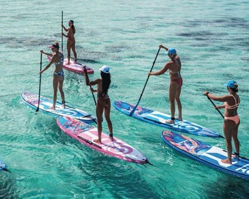 Six people paddle boarding in the blue sea
