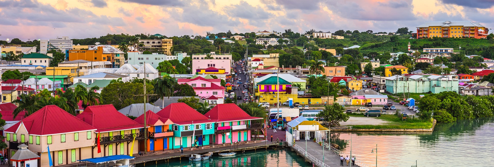 Colourful buildings at dusk at St Johns Dock in Antigua