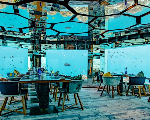 Restaurant dining with tables and chairs underwater 