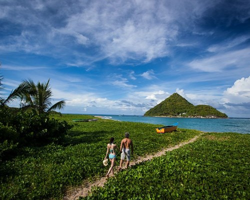 Couple walking along a small grassy path to a wild tropical beach