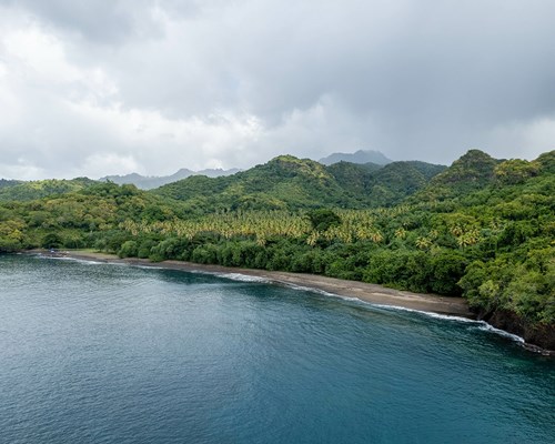 Aerial view of a narrow dark sand beach backed by rainforest
