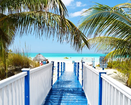 Blue and white bridge leading to a white sand tropical beach 