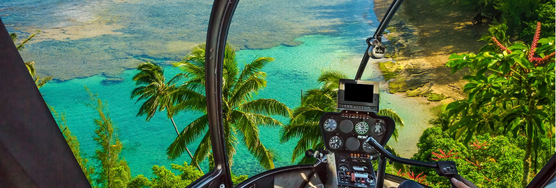 tropical paradise of palms, beach and ocean from helicopter window