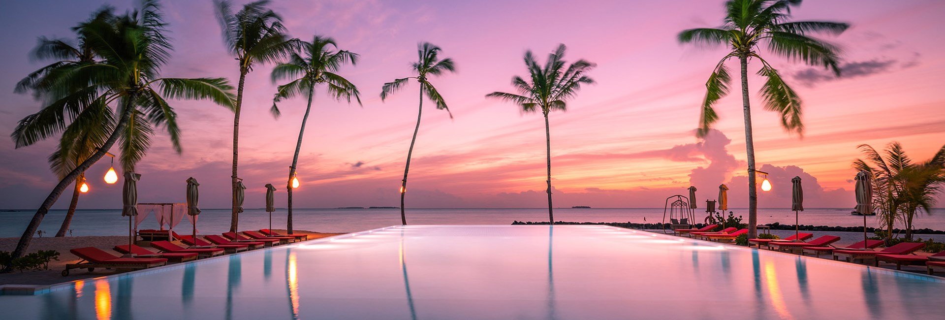 Beautiful beach resort pool with pink sunset sky and palm trees silhouette