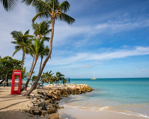 A red English telephone box on the edge of a tropical beach