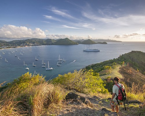View of sailing yachts anchored in Rodney Bay from a hill on the tropical island of St Lucia 