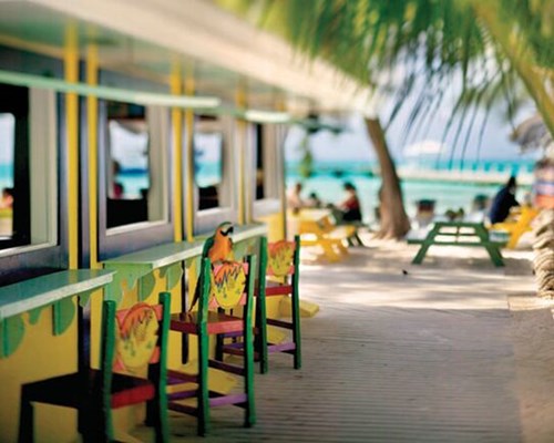 Colourful beach bar and chairs with a busy beach and palm trees in the background - Rum Point, Cayman islands