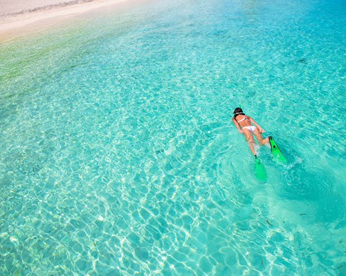 Young girl with green flippers snorkeling in tropical clear water