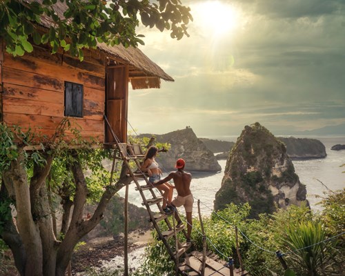 A couple standing on steps to a treehouse facing the ocean