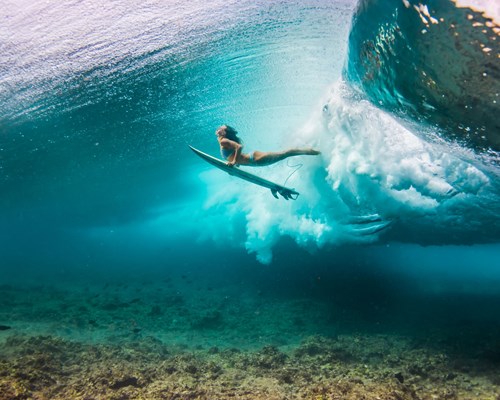 A woman diving with a surfboard underwater
