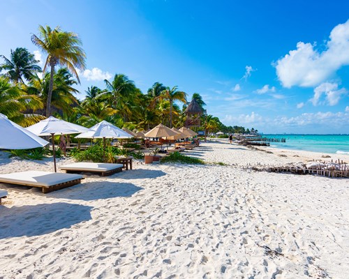 Sun beds with white umbrellas lines up along tropical white sand beach