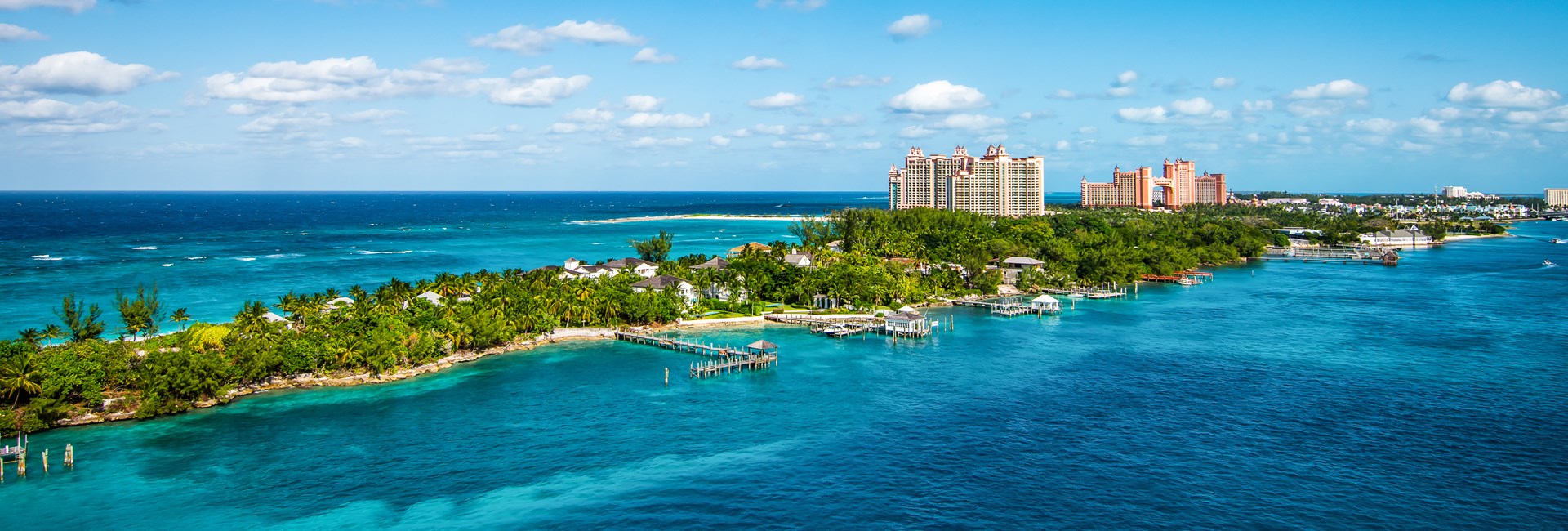 Tropical island with large hotel resorts in Bahamas