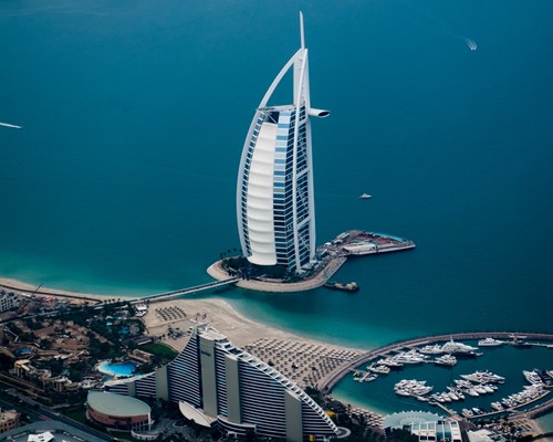 Aerial view of the Burj Al Arab and the sea