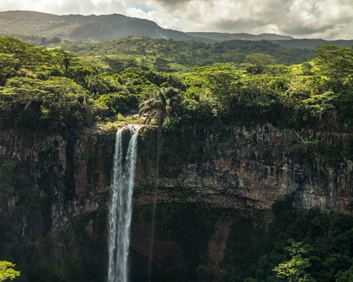 Waterfall flowing down from a cliff at the edge of a rainforest