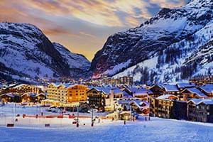 Val d'Isere town lit up at night